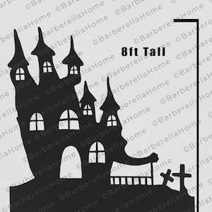 Modelo de casa assombrada de 8 pés quando feito. Traço imprimível e modelos / estênceis de decoração de silhueta de Halloween recortados. PDF