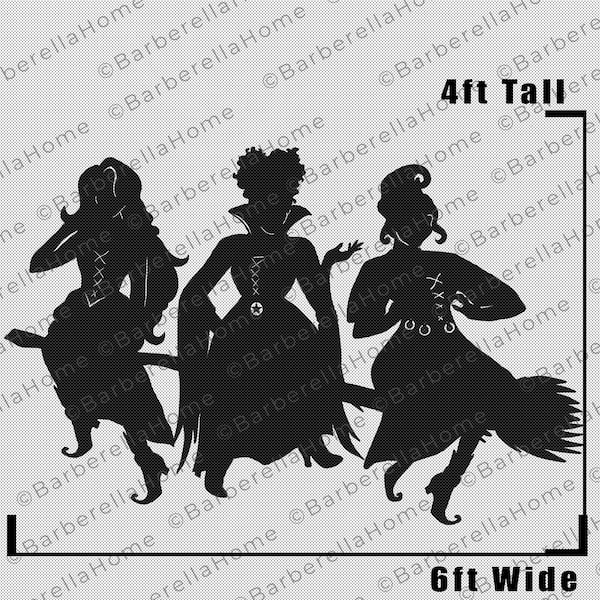 Modello da 4 piedi per sorelle Sanderson/streghe Hocus Pocus quando realizzato. Traccia stampabile e taglia modelli/stencil di decorazioni per silhouette di Halloween. PDF
