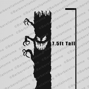 May include: Black silhouette of a monster with a wide, toothy grin. The monster is 7.5 feet tall and has long, sharp claws. The background is a light gray with a watermark.