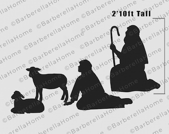 May include: Black silhouette of a shepherd kneeling with a staff, and two sheep. The text "2'10ft Tall" is in the upper right corner of the image.