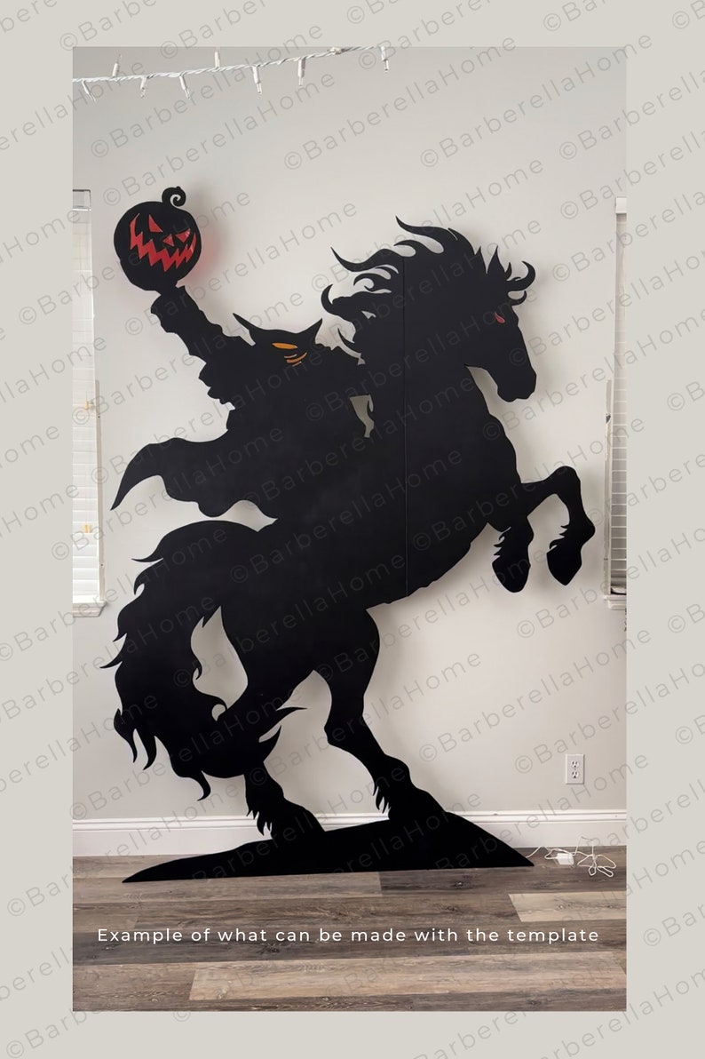 Headless horseman line template/pattern so you can make a 8ft tall silhouette out of plywood and backlight it with lights for an amazing silhouette effect. Perfect spooky addition to your halloween decor