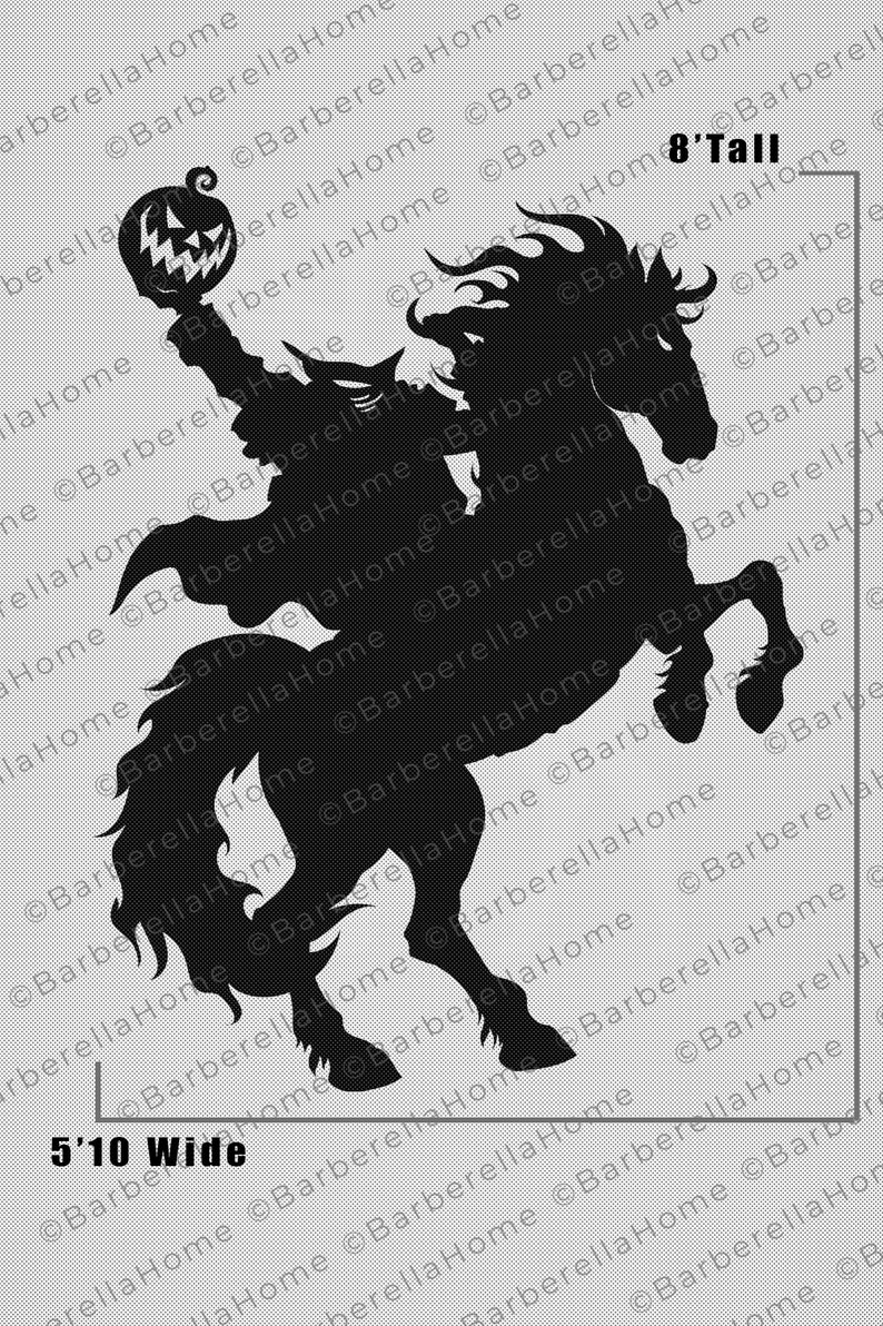 Headless horseman line template/pattern so you can make a 8ft tall silhouette out of plywood and backlight it with lights for an amazing silhouette effect. Perfect spooky addition to your halloween decor