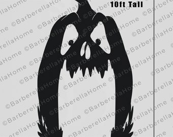 Może przedstawiać: Czarna sylwetka dyni z Halloween z szeroko otwartymi ustami i dużymi oczami. Tekst "10ft Tall" jest widoczny po prawej stronie obrazu.