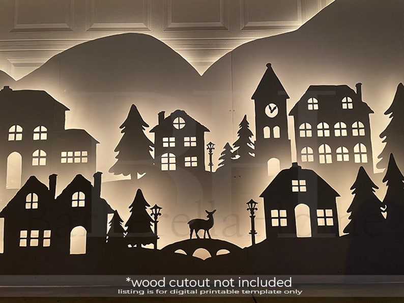 16ft wide, multi-layered, Christmas Village Template when made. Printable trace and Cut Christmas Silhouette Decor Templates / Stencils. PDF image 3