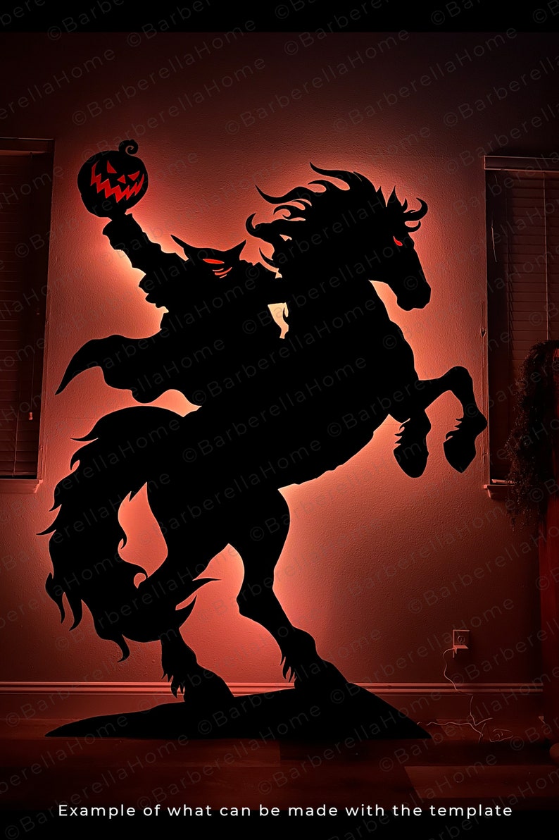 Headless horseman line template/pattern so you can make a 8ft tall silhouette out of plywood and backlight it with lights for an amazing silhouette effect. Perfect spooky addition to your halloween decor