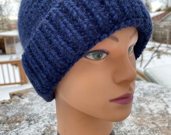 Bonnet unisexe bleu foncé tricoté en laine d'alpaga/mérinos, tuque tricotée à la main, chapeau chaud d'hiver