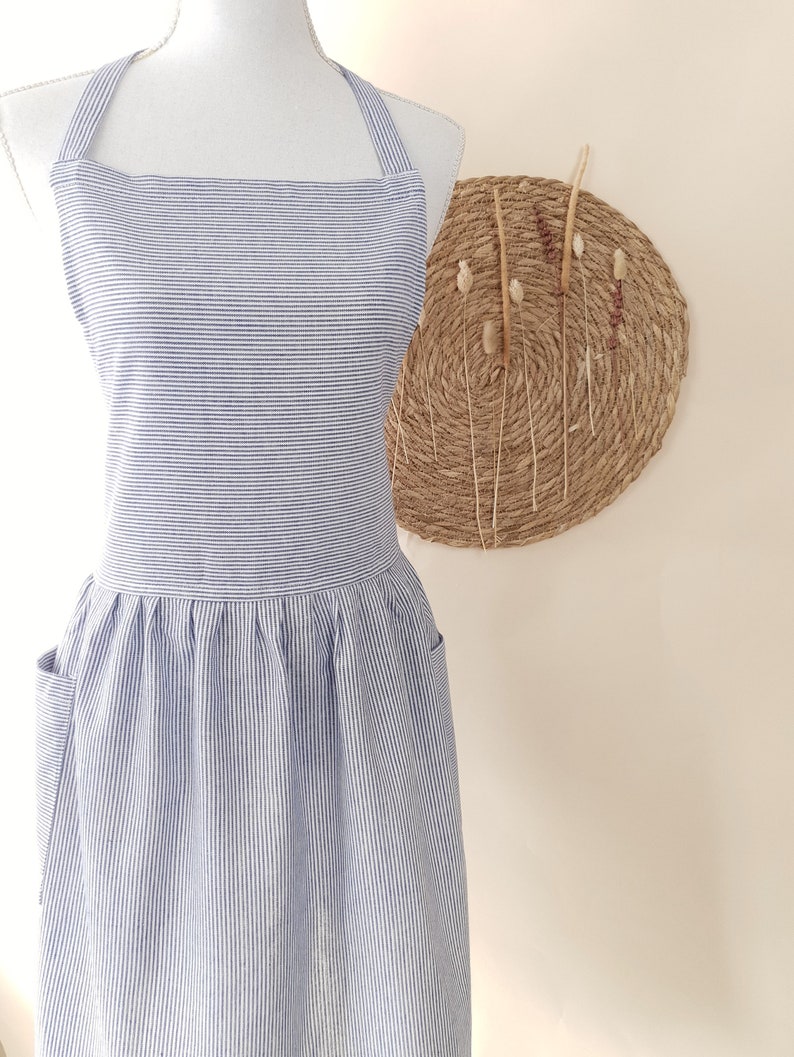 Apron Striped Apron Dress Apron Cotton Women Blue Striped Apron image 3