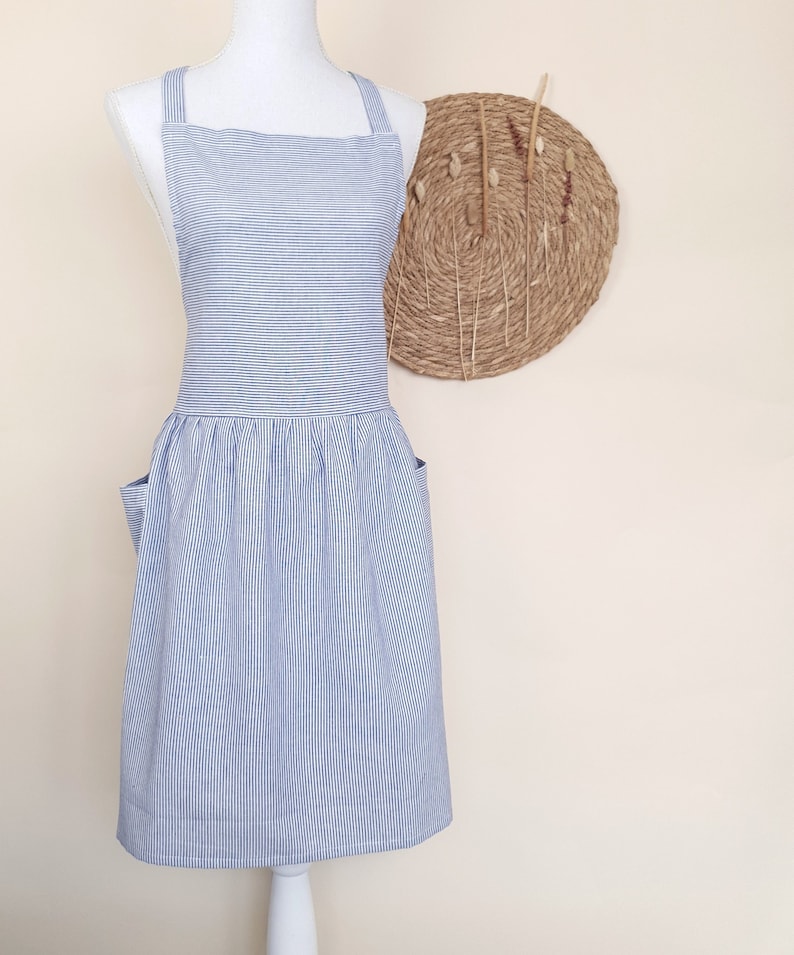 Apron Striped Apron Dress Apron Cotton Women Blue Striped Apron image 2