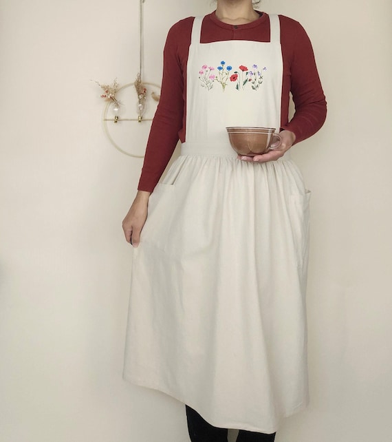 Apron dress * Ladies apron with wildflower embroidery * Beige *  Personalizable