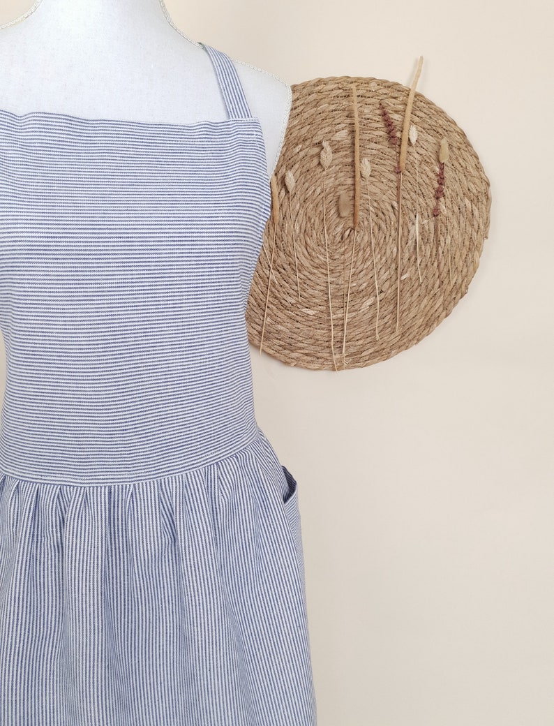 Apron Striped Apron Dress Apron Cotton Women Blue Striped Apron image 4