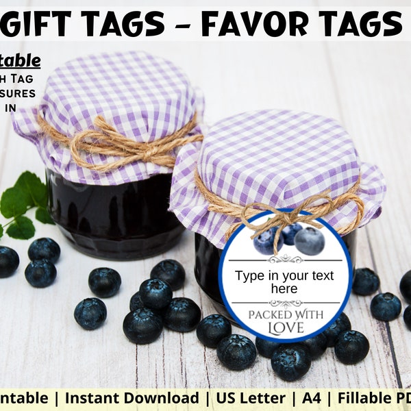 Printable Blueberry Jam Tag, Editable Favor Treat Tag, Gift Tag Label, Favor Tag, Appreciation Gift, Bulletin Board Label, DIY Fillable PDF