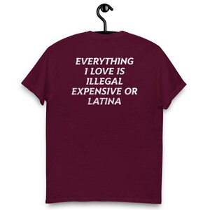 Everything I Love Is Illegal, Expensive, or Latina T-Shirt – Funny and Bold Graphic Tee – Hilarious Statement Shirt for Men and Women