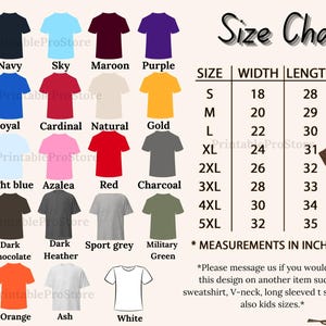 Puede incluir: Una tabla de tallas para camisetas con una variedad de colores, incluyendo negro, azul marino, azul cielo, marr&oacute;n, morado, verde irland&eacute;s, azul real, rojo cardenal, natural, dorado, arena, azul claro, azalea, rojo, carb&oacute;n, marr&oacute;n, chocolate oscuro, gris oscuro, gris deportivo, verde militar, azul Carolina, naranja, ceniza y blanco. La tabla muestra las medidas de ancho y largo en pulgadas para las tallas S a 5XL.