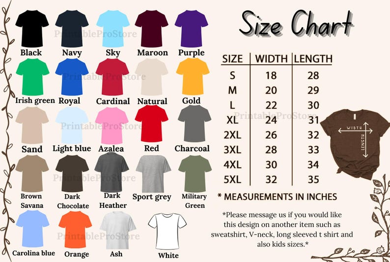 Puede incluir: Una tabla de tallas para camisetas con una variedad de colores, incluyendo negro, azul marino, azul cielo, marr&oacute;n, morado, verde irland&eacute;s, azul real, rojo cardenal, natural, dorado, arena, azul claro, azalea, rojo, carb&oacute;n, marr&oacute;n, chocolate oscuro, gris oscuro, gris deportivo, verde militar, azul Carolina, naranja, ceniza y blanco. La tabla muestra las medidas de ancho y largo en pulgadas para las tallas S a 5XL.