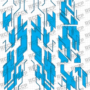 May include: A collection of blue geometric shapes and lines, resembling a circuit board design, are arranged on a white grid background. The text "RCCP" and "RC CUT & PASTE GRAPHICS" are repeated throughout the image.
