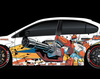 Pode incluir: Um Subaru WRX branco com uma pintura personalizada que apresenta um robô de desenho animado e a palavra "NITTO" no lado. O carro tem rodas pretas com detalhes vermelhos e uma grande asa traseira.