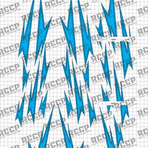 May include: A collection of blue and black graphic decals, featuring a lightning bolt design. The decals are labeled for the trunk, roof, and hood. The background is a grid pattern with the text "RCCP NC CUT & PASTE GRAPHICS".