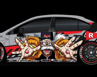 Op de afbeelding: Een grijze Subaru WRX met een aangepaste wrap met een cartoonfiguur met een witte baard en een rode vlinderdas. De auto heeft een grote achtervleugel en de woorden "RR" aan de zijkant. De auto staat op een zwarte achtergrond.