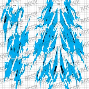 May include: A diagram showing vehicle decal designs in blue and black. The image is divided into sections: "Trunk", "Roof", "Hood", and "Top". The decals have a jagged, icy aesthetic.