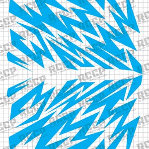 May include: Two sets of blue lightning bolt-shaped graphics on a grid background. The graphics are arranged in a diagonal pattern, with each set mirroring the other. The text "RC CUT & PASTE GRAPHICS" is repeated across the image.