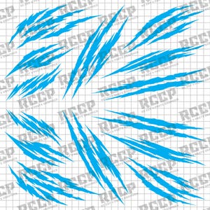 May include: A set of blue claw mark decals in different sizes and angles. The decals are designed to resemble scratches or slashes. The background features a grid pattern with the text "RE CUT & PASTE GRAPHICS" repeated.