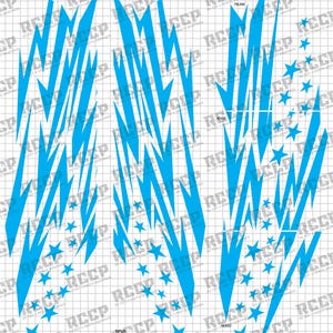May include: A set of blue vehicle graphics with lightning bolt and star designs. The graphics are labelled for the left and right sides, trunk, roof, and hood. The text "RCCP" is repeated throughout the design.