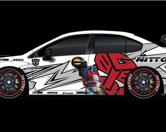 Pode incluir: Um Subaru WRX branco com uma pintura personalizada que apresenta um design vermelho e preto com uma imagem de desenho animado do Optimus Prime da franquia Transformers. O carro tem uma grande asa traseira e rodas pretas com detalhes vermelhos.