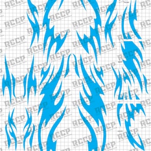 May include: A sheet of blue flame-shaped decals for a vehicle. The decals are designed to be applied to the hood, roof, and sides of the car. The text "LEFT SIDE (American Driver Side)" and "RIGHT SIDE (American Passenger Side)" are visible.