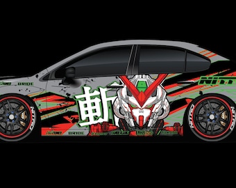 Pode incluir: Um Subaru WRX cinza com um embrulho personalizado que apresenta um design preto e branco com acentos vermelhos e verdes. O embrulho inclui um caractere japonês, uma cabeça de robô e as palavras "Nitto" e "Bride".