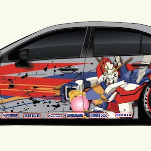 May include: A grey Subaru WRX with a custom paint job featuring a red, blue and yellow anime character design. The car has a large rear wing and black wheels with red accents. The words "NITTO" are printed on the side of the car.