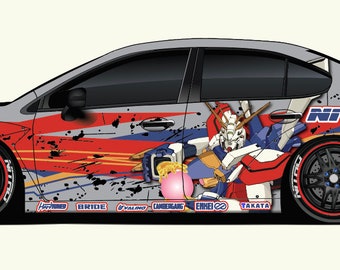 Pode incluir: Um Subaru WRX cinza com uma pintura personalizada que apresenta um design de personagem de anime vermelho, azul e amarelo. O carro tem uma grande asa traseira e rodas pretas com detalhes vermelhos. As palavras "NITTO" estão impressas no lado do carro.