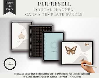 PLR Digital Planner Canva Template Bundle | 4 PLR Planners Commercial Use | Digital File PLR Hyperlinked Planner | Etsy Listing Photo Mockup
