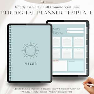 PLR Digital Planner Template Canva | Editable Canva Planner Template Kit | Hyperlinked Tabs | Commercial Use Resale Rights | Retro Blues