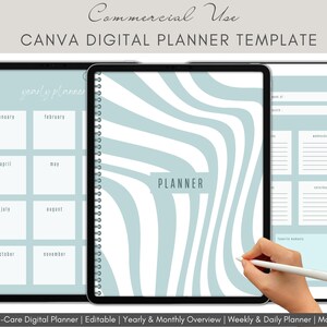 PLR Digital Planner Template Canva | Editable Canva Planner Template Kit | Hyperlinked Tabs | Commercial Use Resale Rights | Retro Blues