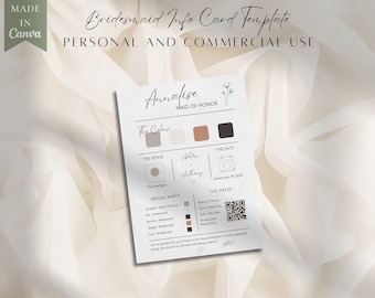 Bridesmaid Info Card Minimalist Wedding, Canva Template PLR Commercial, Bridal Party Info Card, Modern,  Commercial Use
