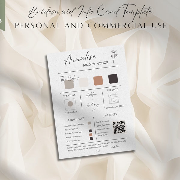 Bridesmaid Info Card Template PLR Commercial, Bridal Party Info Card, Bridesmaid Information Card, Modern Minimalist Commercial Use