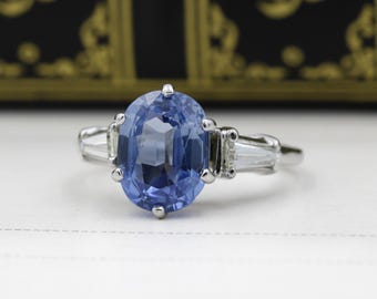 850 Platinum 3.20ct Oval Sapphire .50ctw Baguette Diamond Size 6 Ring