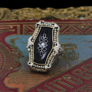 Victorian 14k White Gold Mourning Diamond Onyx Seed Pearl Filigree Halo Ring