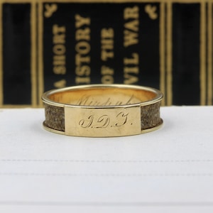 Victorian 14k Hairwork Mourning Engraved &quot;Mitzvah&quot; &quot;JDT&quot; Sizez 6.75 Ring