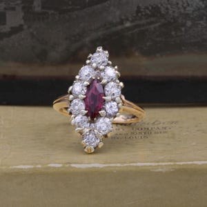 Antique 14k Rose Gold & Silver Marquise Ruby Diamond Ring Size 6.5