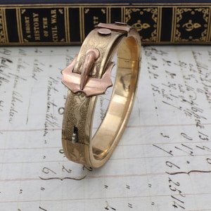 Victorian Gold-filled Yellow & Rose Gold Toned Engraved Buckle Hinged Bangle Size 5.25&quot; Bracelet