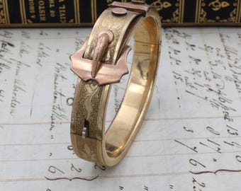 Victorian Gold-filled Yellow & Rose Gold Toned Engraved Buckle Hinged Bangle Size 5.25&quot; Bracelet