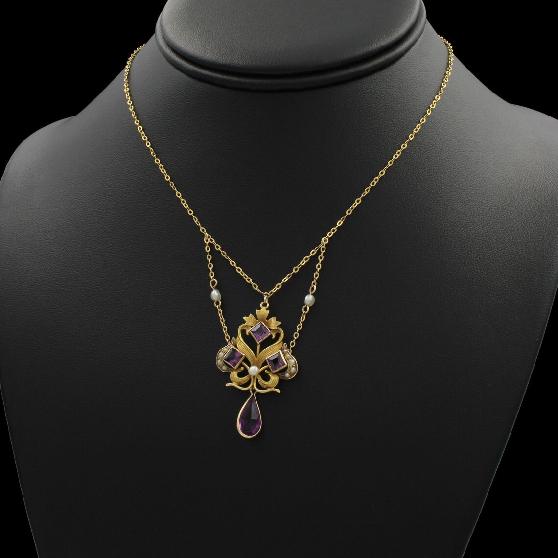 Antique 14k Yellow Gold Art Nouveau Purple Stone Seed Pearl Festoon ...