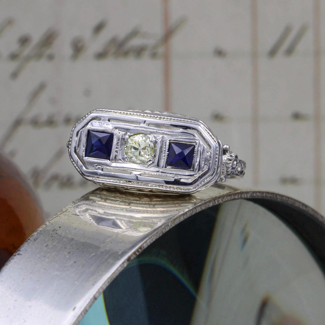 Antique 18k White Gold Diamond Lab Grown Sapphire Die Struck Ring Size ...