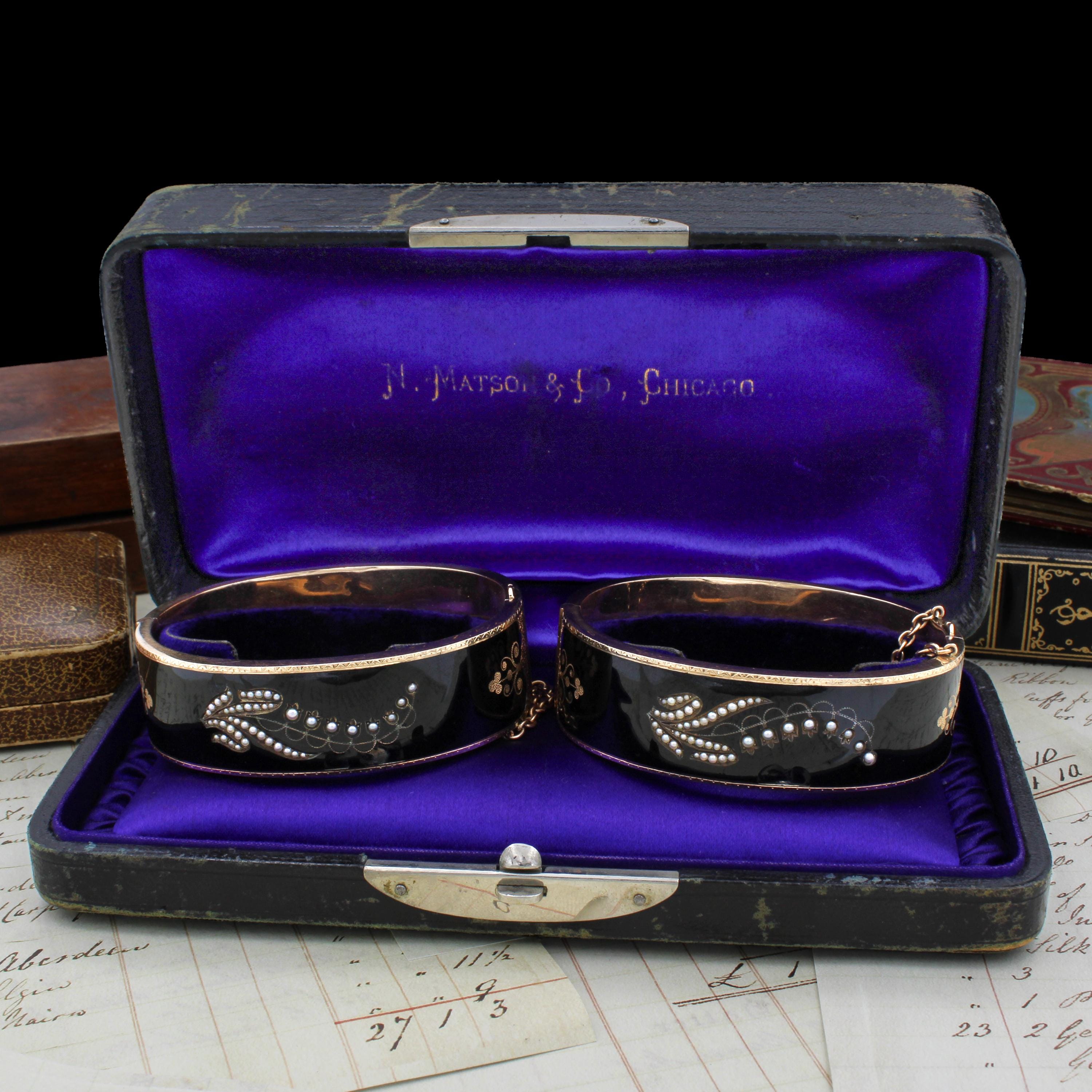 Victorian 14k Yellow Gold Mourning Seed Pearl Enamel Hinged Antique Bangles