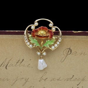 14k Yellow Gold Antique Art Nouveau Floral Enamel Seed Pearl Brooch Pendant
