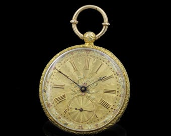 Reloj de bolsillo antiguo de oro de 18 quilates, suizo Duchene Peyrot, de cuerda manual, esfera abierta con guilloché, reloj vintage para hombre.