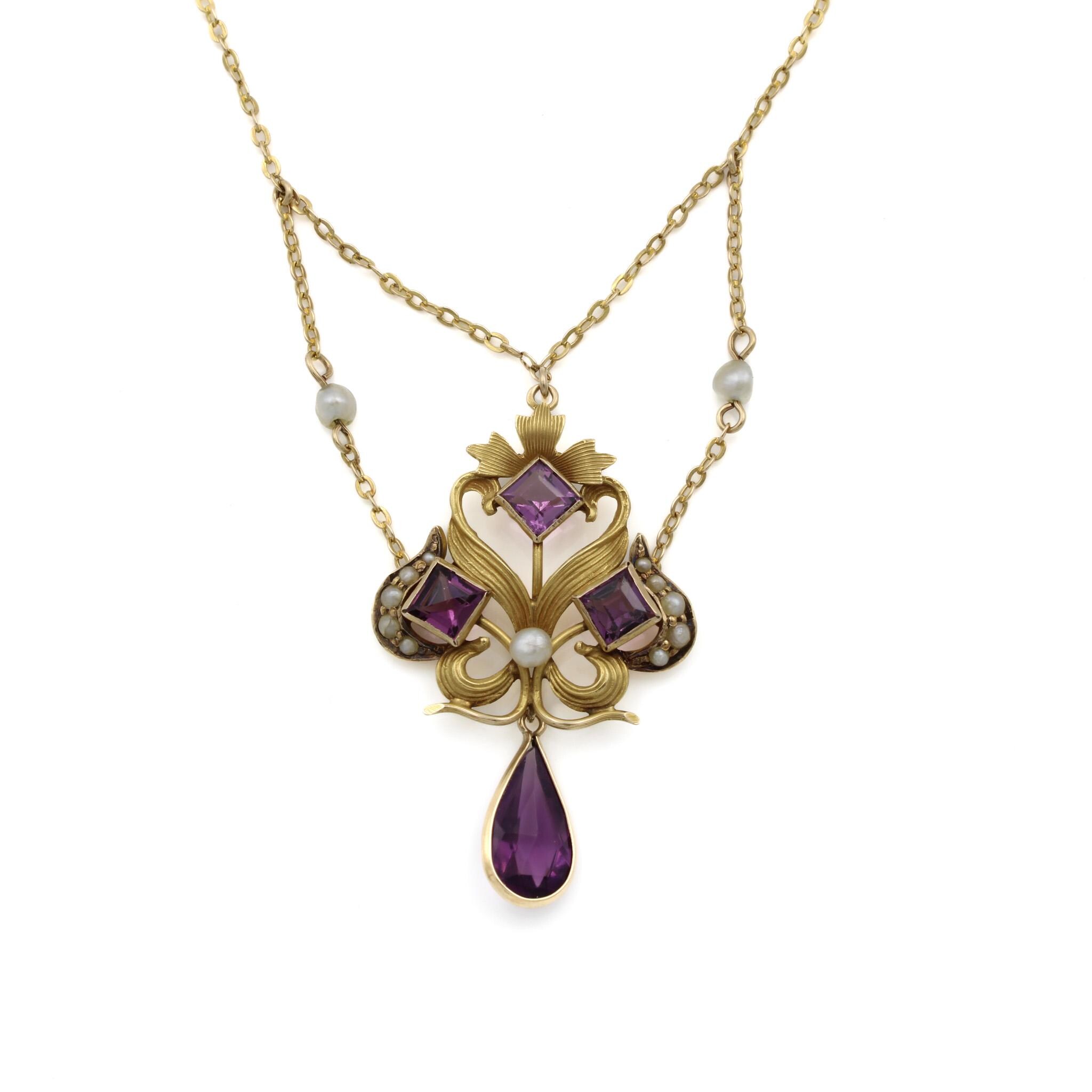 Antique 14k Yellow Gold Art Nouveau Purple Stone Seed Pearl Festoon ...