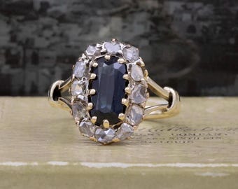 Antique 14k Yellow Gold 1.52CT Sapphire with 0.60CTW Diamond Halo Size 6.25 Ring