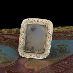 Antique 14k Yellow Gold Dendritic Agate Rectangle Buff Top Ring Size 5
